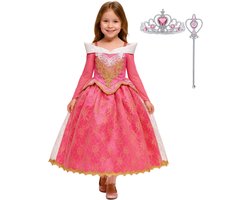 foto van Joya Kids® Roze met Goud Prinses verkleedjurk | Verkleed jurk | Roze Prinsessenjurk | verkleedkleding Meisje | Maat 146-152 (150) roze goud + kroontje & Staf | | Cadeau meisje