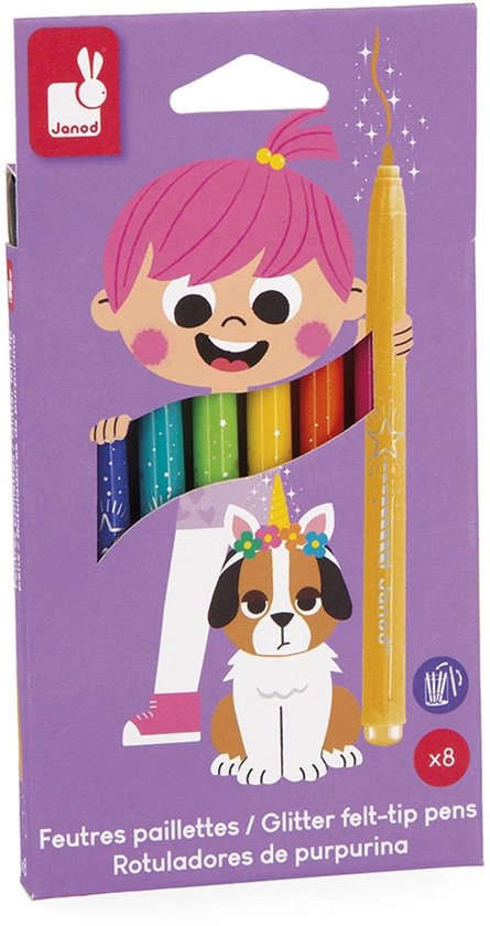 Foto: Janod colo glitterstiften set van 8 verschillende kleuren voeg glans toe aan al je kunstwerken biedt een hoge dichtheid aan glitter geschikt vanaf 3 jaar