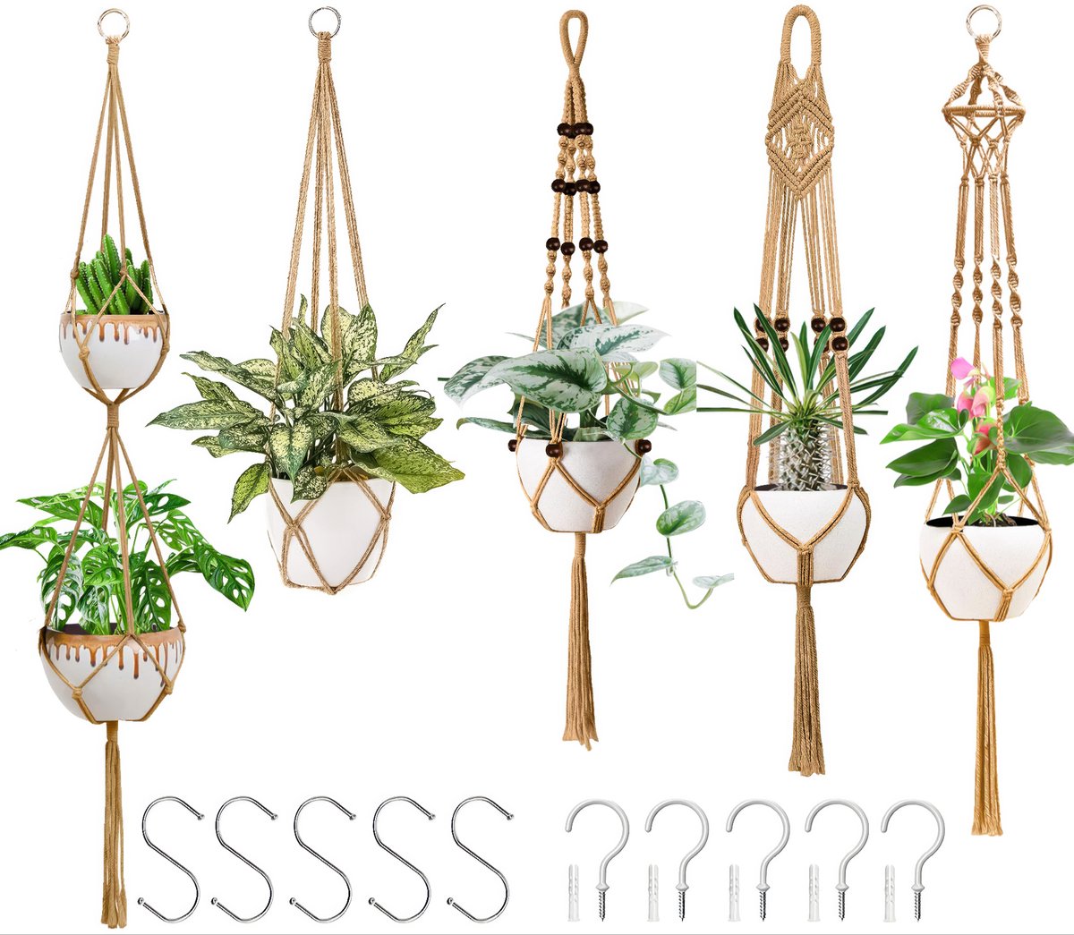 5 Stuks Luxe Jute Plantenhangers - Boho Handgeweven Katoen Hangpot voor Binnen/Buiten - Hangende Bloempot met Kralen - Macramé Touw/Koord Hangplant Houder - Bohemian Wandhanger Decoratie - Plant Hanger - Verticale Tuin Bloempothouder Planthanger