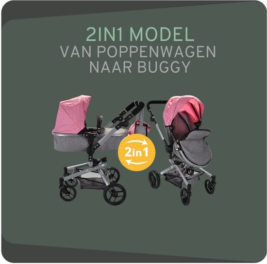 2-in-1 model: poppenwagen en buggy in lichtroze en grijs.
