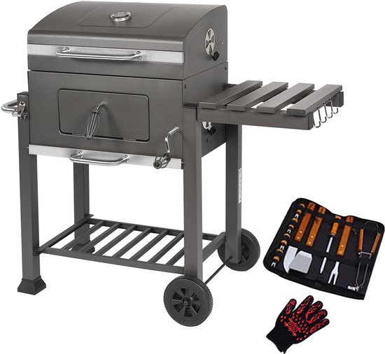 MaxxGarden Houtskoolbarbecue - Grilloppervlak (LxB) 42 x 42 cm - Staal - Met handgeep - Zwart - Incl. BBQ set