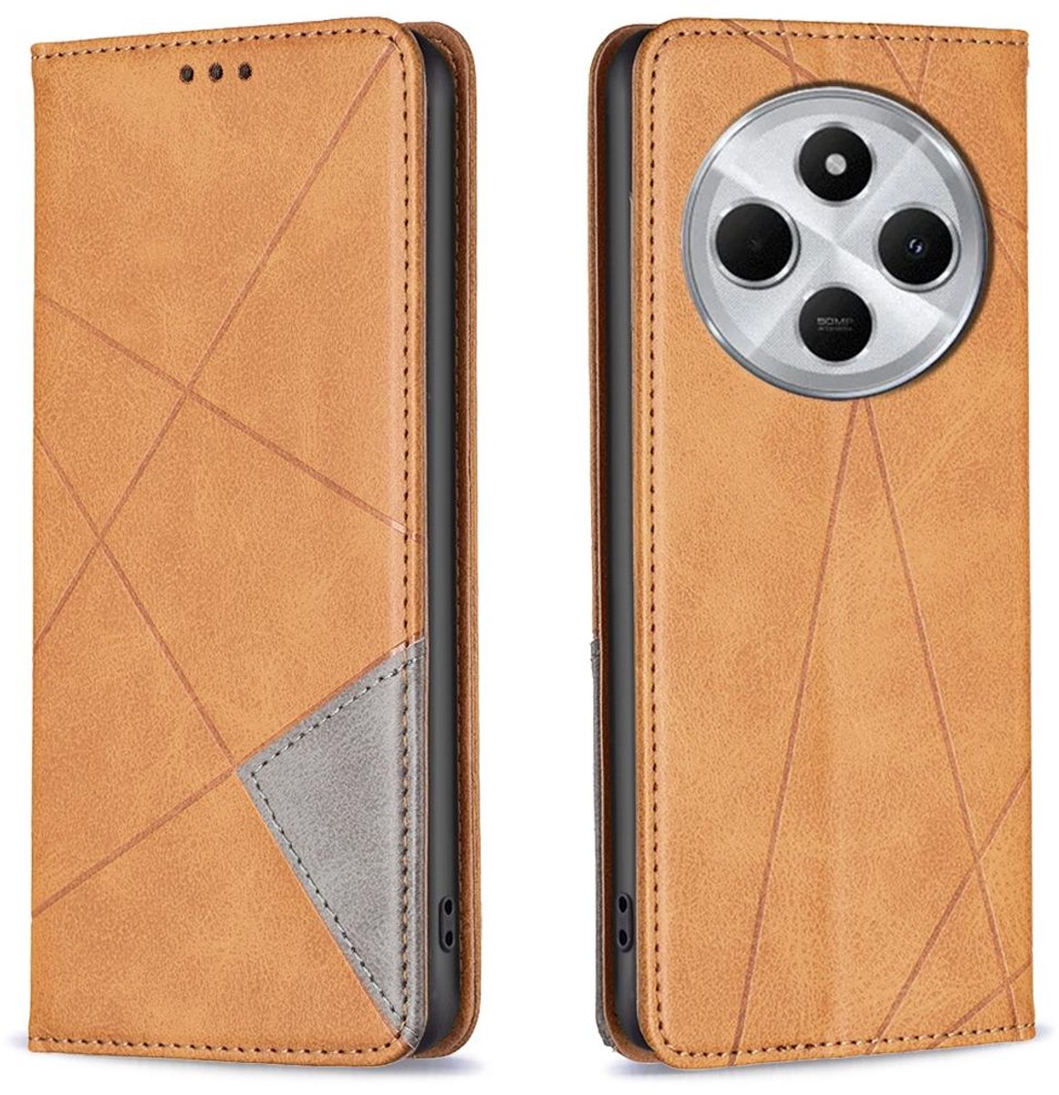 Mobigear Telefoonhoesje geschikt voor Xiaomi Redmi 14C Hoesje | Mobigear Rhombus Slim Bookcase | Pasjeshouder voor 2 Pasjes | Telefoonhoesje voor Pinpas / OV Kaart / Rijbewijs - Cognac