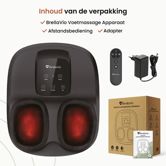 Het complete pakket van het voetmassageapparaat: het apparaat, de afstandsbediening, de adapter en de doos.