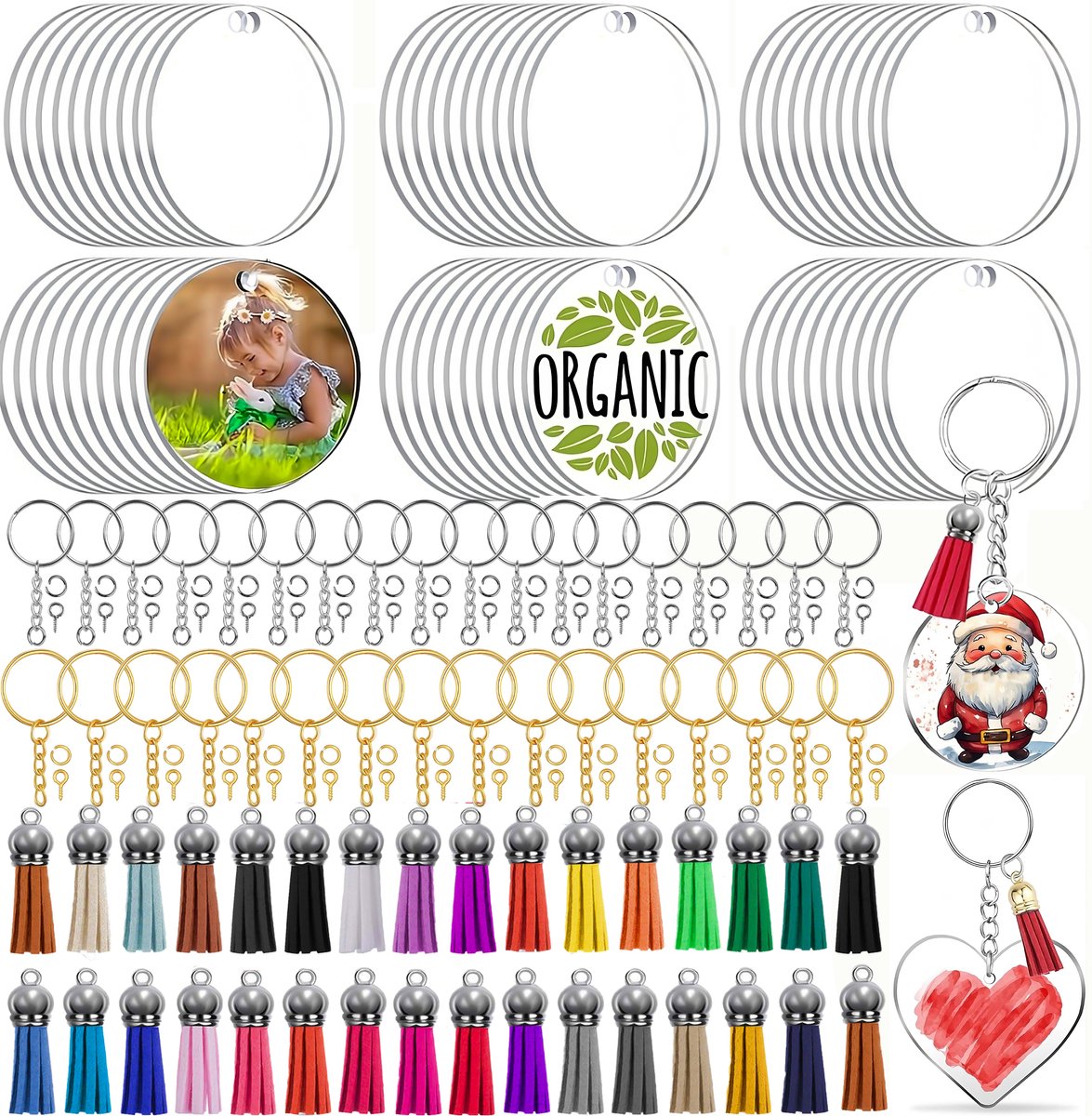 155-Delig DIY Sleutelhangers Maken Knutselpakket met Sleutelringen, Kwastjes, Blanco Transparant Plastic Plexiglas - Foto/Sleutellabels Personaliseren - Knutselen Meisjes, Jongens, Volwassenen Sieraden Hobby - Leeg Acryl Plaat Keychain Graveren