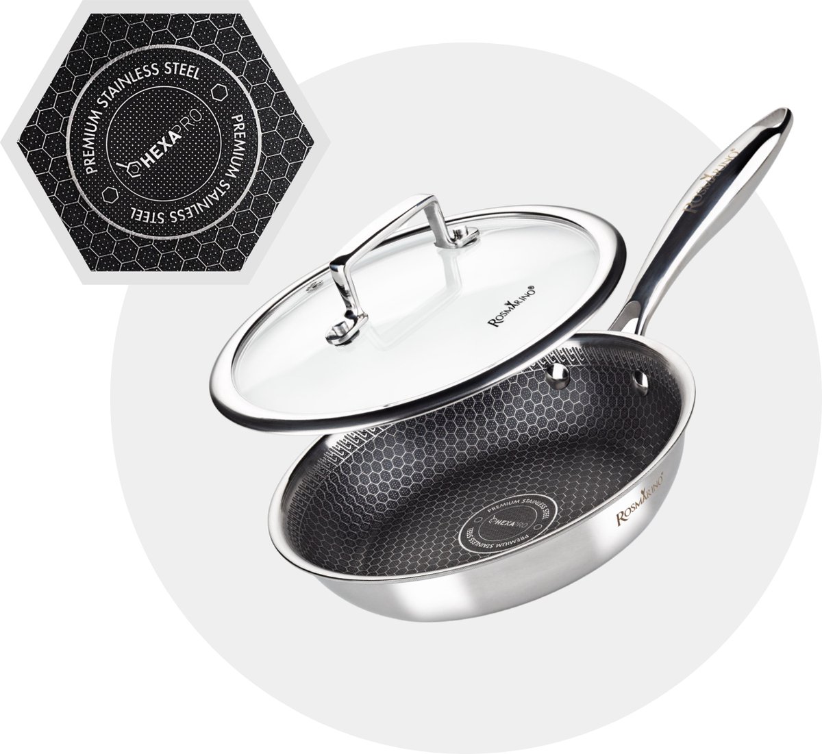 Rosmarino HexaPRO Koekenpan met deksel - Koekenpan 20 cm - Pannen met glazen deksel - Koekenpannen - RVS Koekenpan
