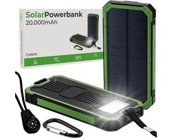 iSetchi Solar Powerbank 20000 mAh - Externe Batterij - Noodpakket - Zonneenergie - Snellader - Met Kompas en USB-C Kabel - Fast Charge 22.5W - Met Handige Lamp - Groen/Zwart