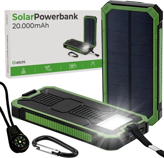 iSetchi Solar Powerbank 20000 mAh - Externe Batterij - Noodpakket - Zonneenergie - Snellader - Met Kompas en USB-C Kabel - Fast Charge 22.5W - Met Handige Lamp - Groen/Zwart