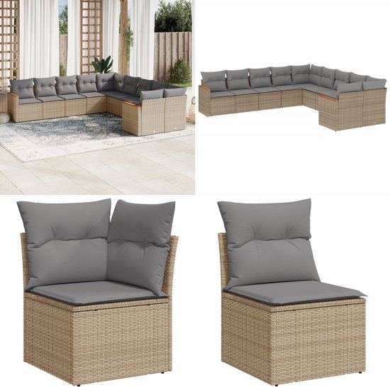 vidaXL 10-delige Loungeset met kussens poly rattan gemengd beige - Loungeset - Loungesets - Tuinset - Tuinbank