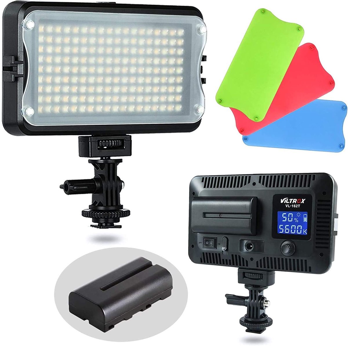 Dimbare LED Videolamp met Hoge Helderheid – 162 LED’s – CRI95+ – 3300K-5600K Tweekleurige Verlichting – Draagbare Cameralamp voor DSLR en Camcorder – Inclusief Oplaadbare Batterij