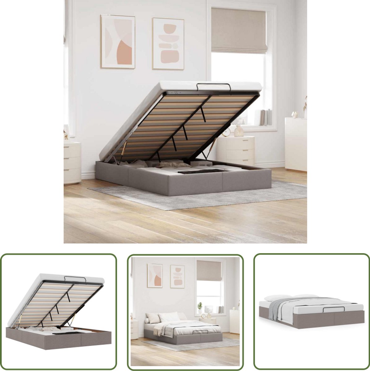 The Living Store Bedframe zonder matras 140x190 cm stof taupe - Voetensteun - Hoofdbord - Tweepersoonsbed - Stapelbare Beddengoed - Opslagruimte