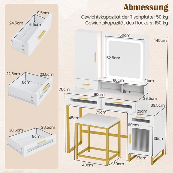 Dimensions de la coiffeuse, du miroir, du tabouret et des tiroirs, avec capacité de charge.