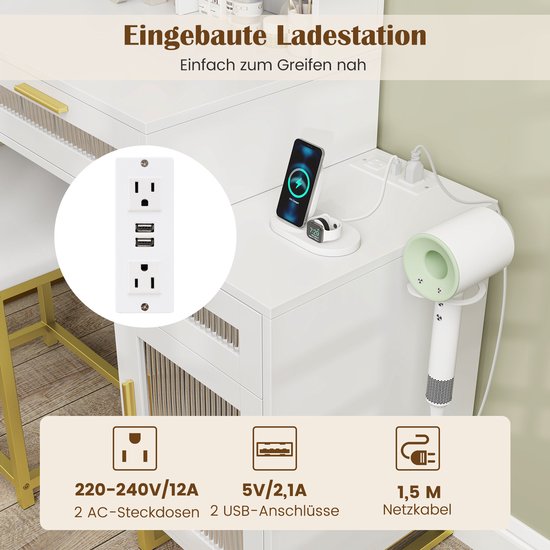 Station de chargement intégrée avec prises et ports USB, avec support pour sèche-cheveux.