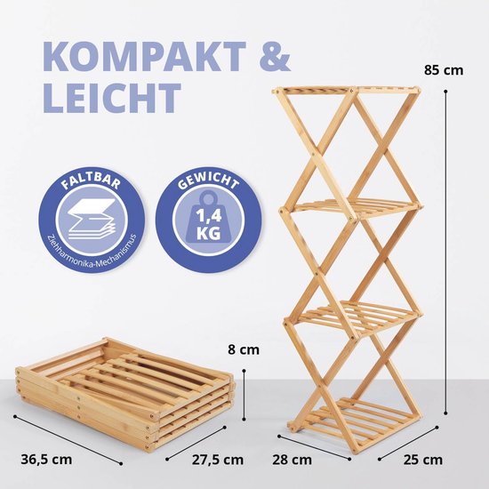 Inklapbaar Bamboe Rek met 4 Etages - Ruimtebesparend Organizer voor ...