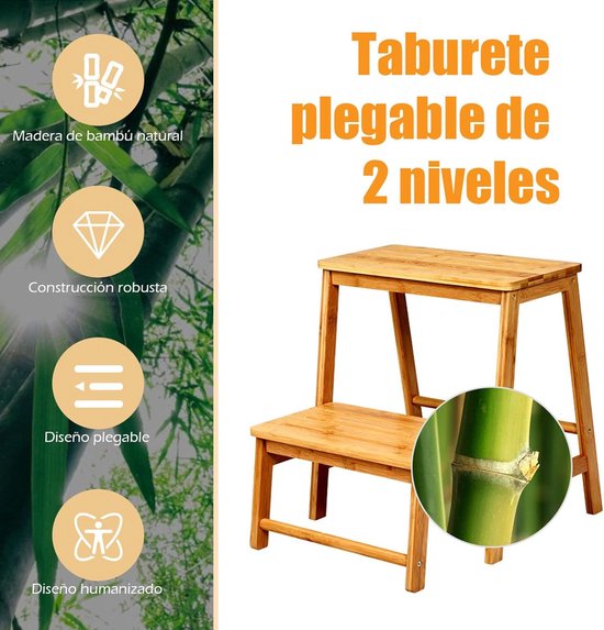 COSTWAY Opstapkruk met 2 treden, inklapbaar, tot 100 kg belastbaar, 48 cm hoog, trapstoel van bamboe, huishoudladder, naturel, krukladder voor bibliotheken of thuis van Costway — afbeelding 4