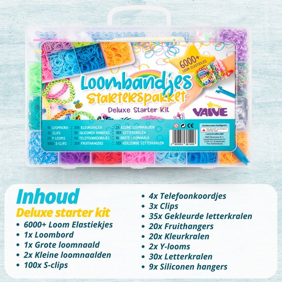 Verpakking van starterspakket met 6000+ loombandjes in 22 kleuren, loomboard, clips, kralen en hangers.
