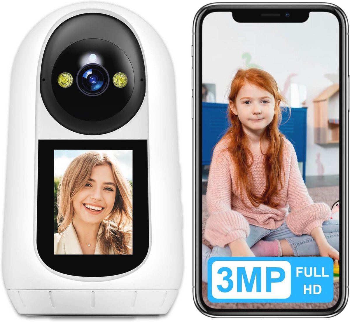 Wifi binnencamera met 3MP, 2-weg audio, 2,4 inch scherm, IR-nachtzicht en bewegingsdetectie – Compatibel met Alexa en Google Home