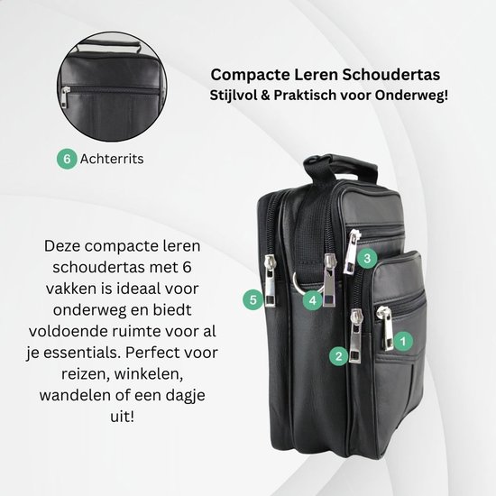 Zwarte compacte leren schoudertas met 6 vakken, ideaal voor onderweg.