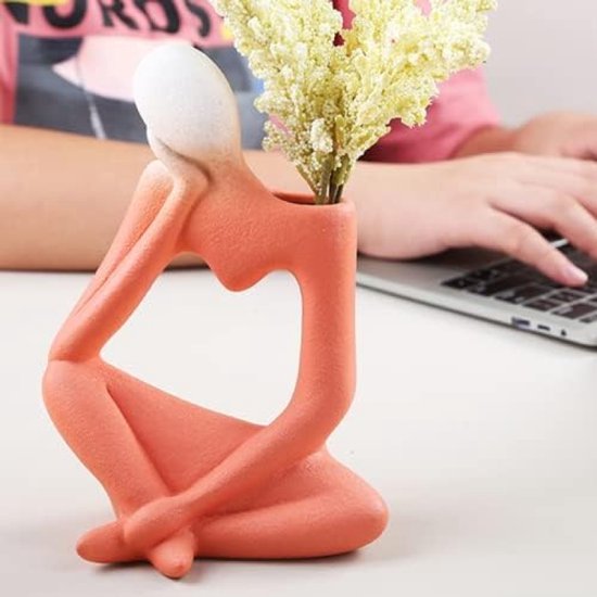 Moderne Denker Vaas voor Pampas Gras en Bloemen - Keramische Boek Gezicht Bloemenvaas - Rode Tulpenvaas voor Woonkamer Decor - 19 cm