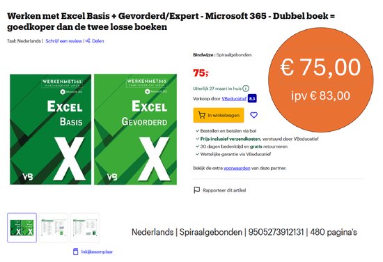 Twee boeken met de titels "Excel Basis" en "Excel Gevorderd" naast elkaar, met de prijs en verkoopinformatie.