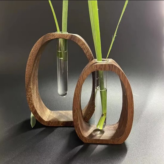 DWIH - Setje Elegante Japandi Hydrocultuur Vaasjes van Walnoothout – Strak en Tijdloos Design - 9 en 15 cm