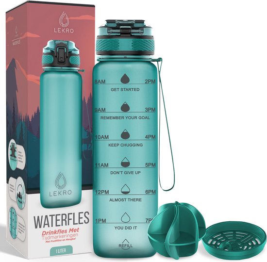 Bouteille d'eau Lekro avec marqueurs de temps - Gourde de motivation avec filtre à fruits et Shake Ball/Shaker - 1 litre - Sans BPA - Bleu foncé