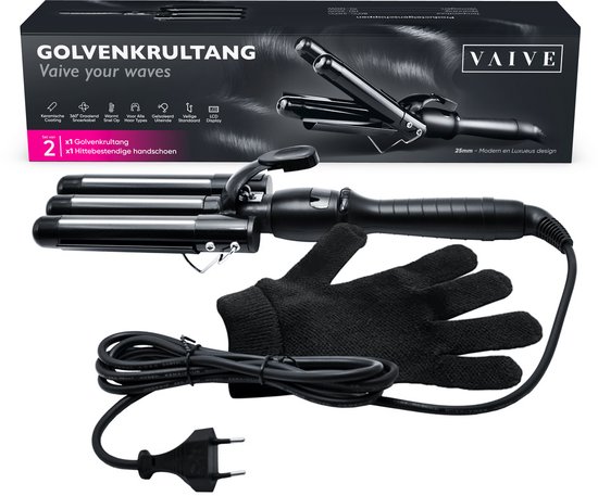 VAIVE golvenkrultang 25mm in luxe design, inclusief hittebestendige handschoen. Met keramische coating, 360° draaibaar snoer, warmtesnel op, voor alle haartypes, geïsoleerd uiteinde, veilige standaard en LCD-display.