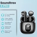 Zwarte draadloze oordopjes Soundtrex X-PRO in een laadcase, met functies zoals 5-7 uur afspeeltijd en SoundWave™ technologie.
