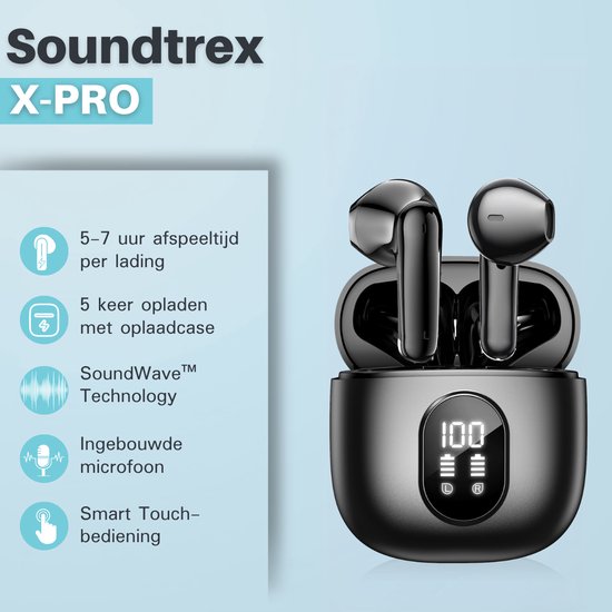 Zwarte draadloze oordopjes Soundtrex X-PRO in een laadcase, met functies zoals 5-7 uur afspeeltijd en SoundWave™ technologie.