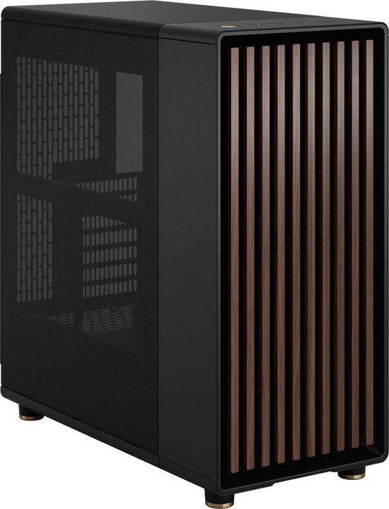 Zwarte computerkast met een glazen zijkant, gouden pootjes en houten lamellen aan de voorkant.