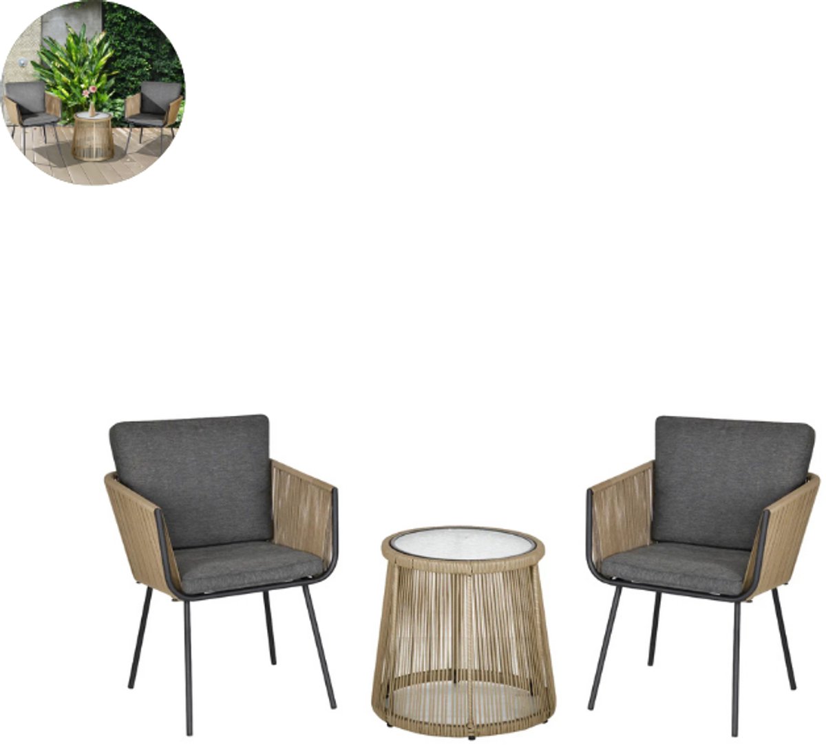 Balkonset 2 personen - Tuinset - Bistroset - Grijs - Weerbestendig - 3 delig - Tuintafel en 2 stoelen - 2 personen - Gecoat staal - Onderhoudsvrij staal