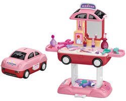 Baby Mix - Speelgoedset - Make-up station - Speelgoedauto - Creatieve accessoires - Meisjes schoonheidssalon - 2-in-1 - Verplaatsbaar - Cosmetica-items - Roze en paars
