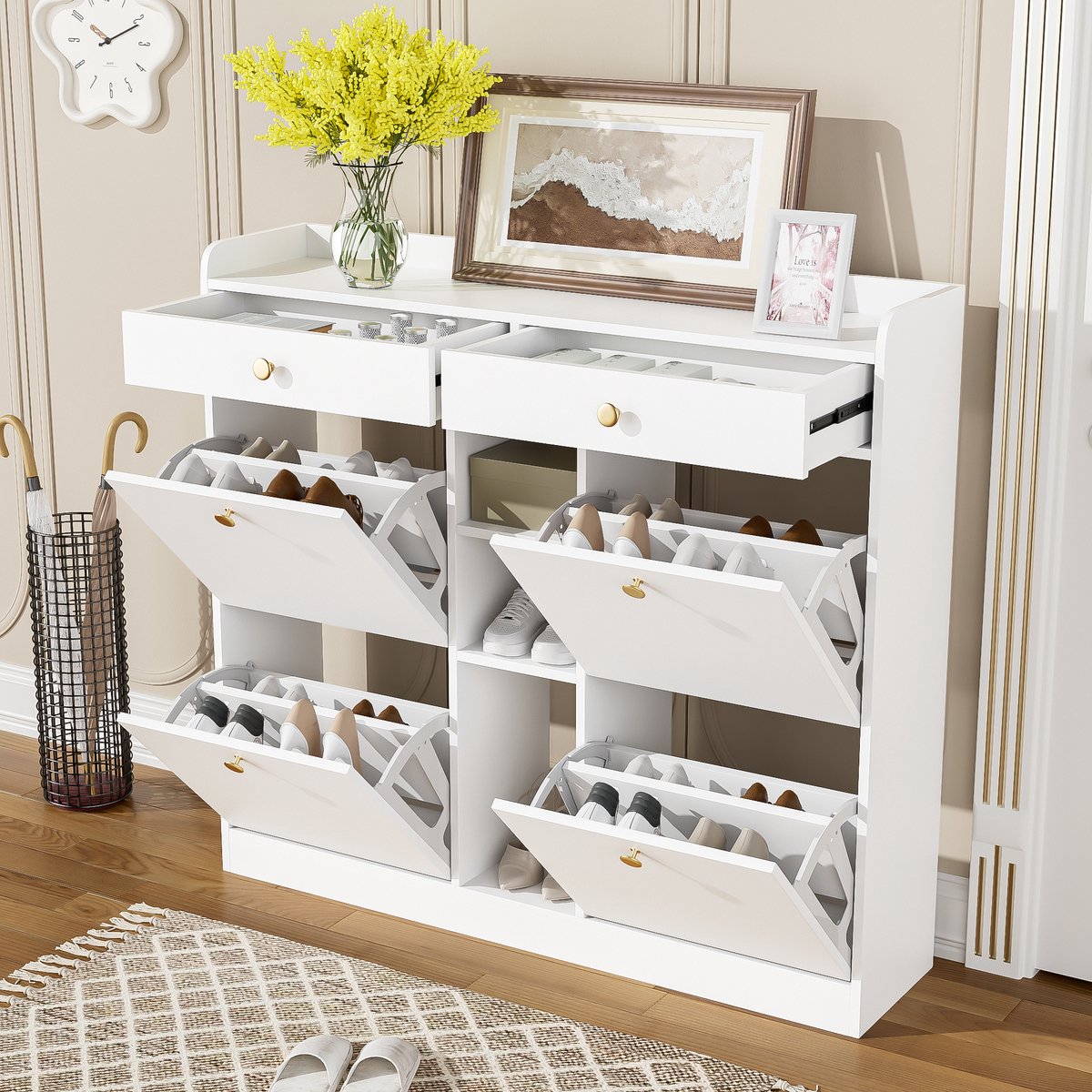 Edele witte schoenenkast met 4 scharnierdeuren, 2 lades, 3 open vakken - perfect voor moderne gangen en entrees, afmetingen 110 x 26 x 100 cm