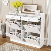 Edele witte schoenenkast met 4 scharnierdeuren, 2 lades, 3 open vakken - perfect voor moderne gangen en entrees, afmetingen 110 x 26 x 100 cm