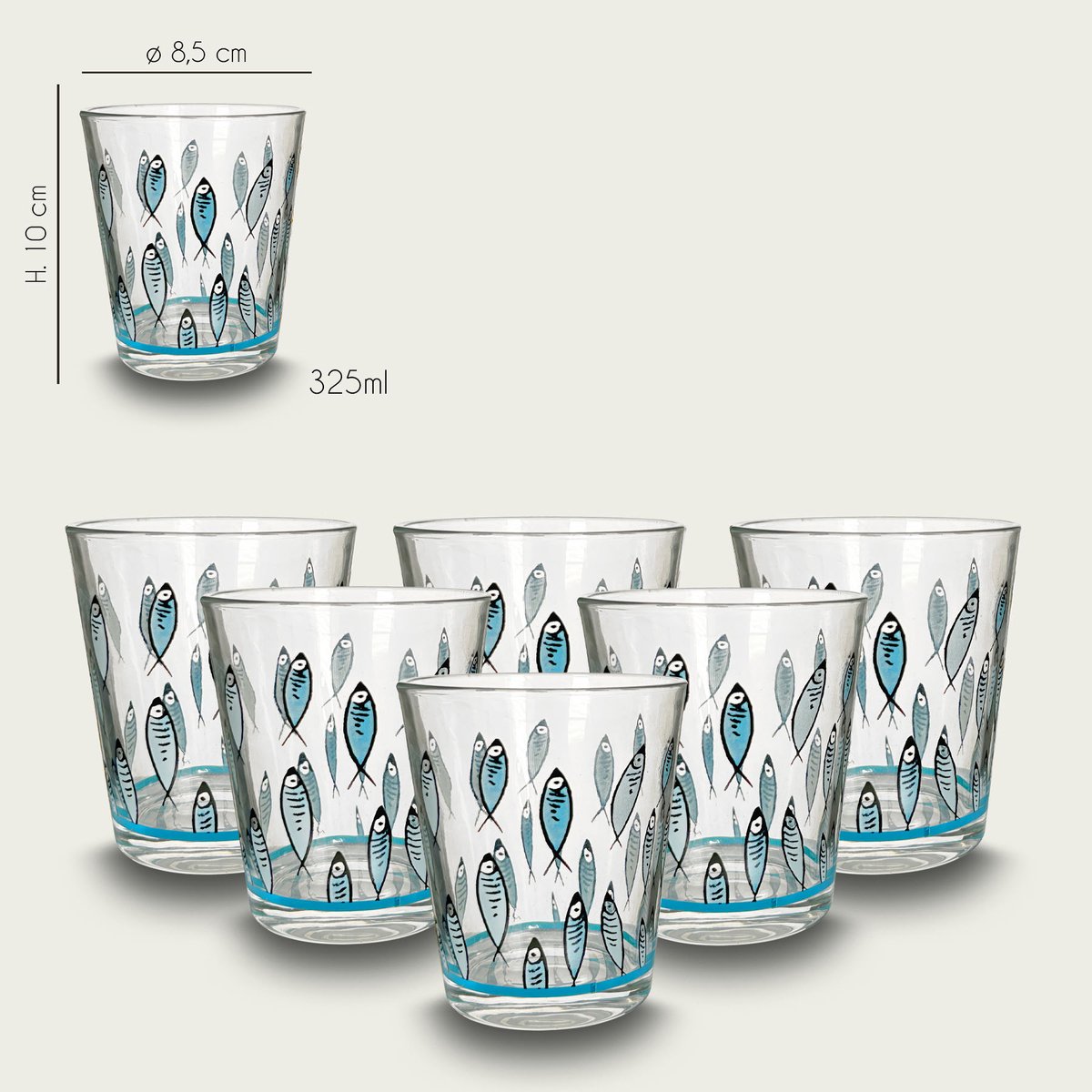 Arca FISH - glazen drinkglazen 325ml, Set van 6 glazen - vrolijke decoratie - past bij Fish servies