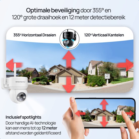 Protectly beveiligingscamera met 355° horizontale en 120° verticale draaihoek, 12 meter detectiebereik en spotlights.