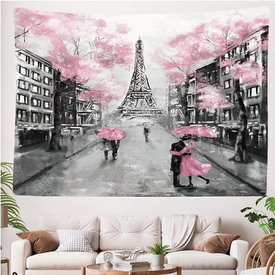 Ulticool - Paris Tour Eiffel Zwart Wit Rose Vintage Blossom - Tapisserie - 200x150 cm - Groot tapisserie - Affiche
