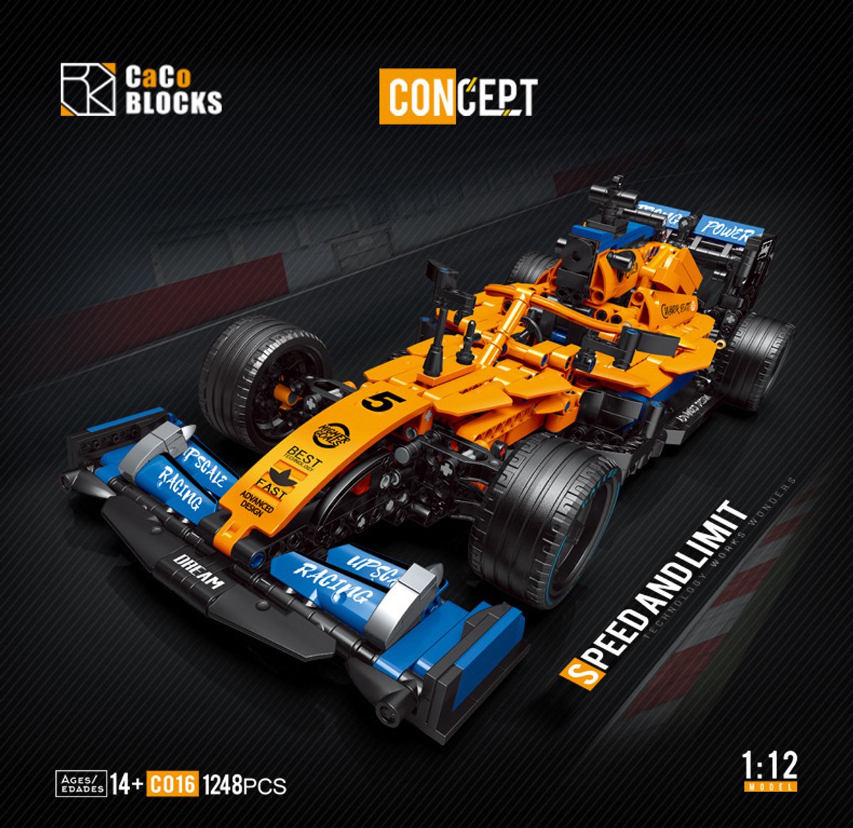 Supercar-bouwset, automodelbouwspeelgoed op schaal 1:12, racewagen /verjaardags- en vakantiecadeaus Geel en Blauw(1248 stuks)