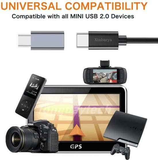 Illustratie van compatibiliteit met apparaten, waaronder een iPod, GPS, camera, PS3 en een cam.