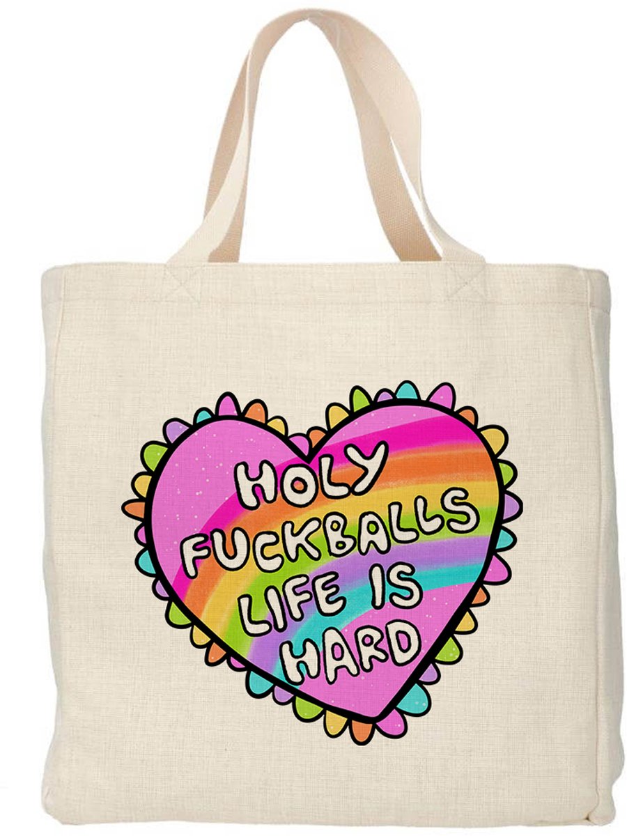 Creasowl® - Holy fuckballs life is hard tote bag - Boodschappentas 38 x48 cm - Polylinnen- Grappige tas - Shopper - Canvas tas - Boodschappen tas - Totebag - Schoudertas - Draagtas
