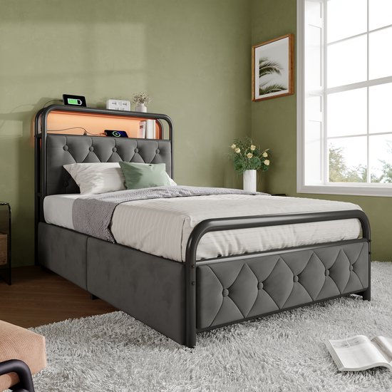Polsterbett - Einzelbett - avec chargement USB Type C Fonction de chargement - APP-Control LED Bettgestell - Metallbett - 90x200 - Bettrahmen - 2 étagères - Samt - Sans Matras
