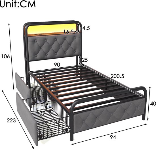 Polsterbett - Einzelbett - avec chargement USB Type C Fonction de chargement - APP-Control LED Bettgestell - Metallbett - 90x200 - Bettrahmen - 2 étagères - Samt - Sans Matras
