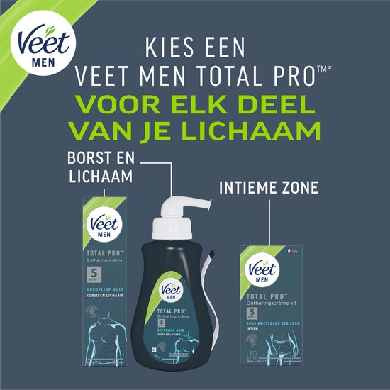 Twee Veet Men ontharingscrème flacons en een kit. "Kies een Veet Men Total Pro voor elk deel van je lichaam". Borst en lichaam, Intieme zone.