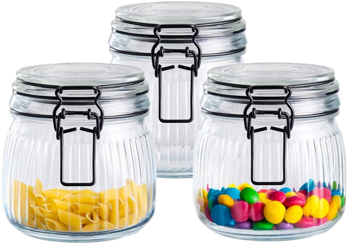 Alpina Voorraad/weck pot - 3x - transparant - geribbeld glas - 12 x 11 cm - 0.5 L