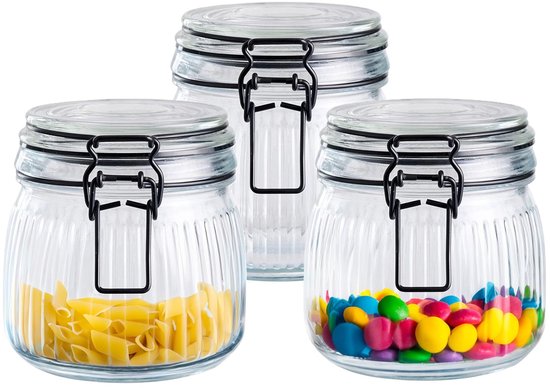 Alpina Voorraad/weck pot - 3x - transparant - geribbeld glas - 12 x 11 cm - 0.5 L