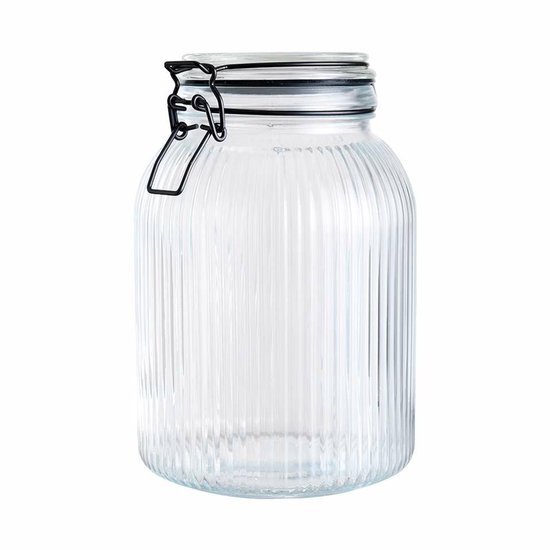 Bocal Alpina transparent vide en verre nervuré avec fermeture à levier noire.
