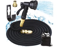 Tuinslang - tuinslang 30 meter - Tuinslang flexibel - Tuinslang uitrekbaar tot 30 meter - Tuinslang met koppelingen en sproeier - Zwart - Premium