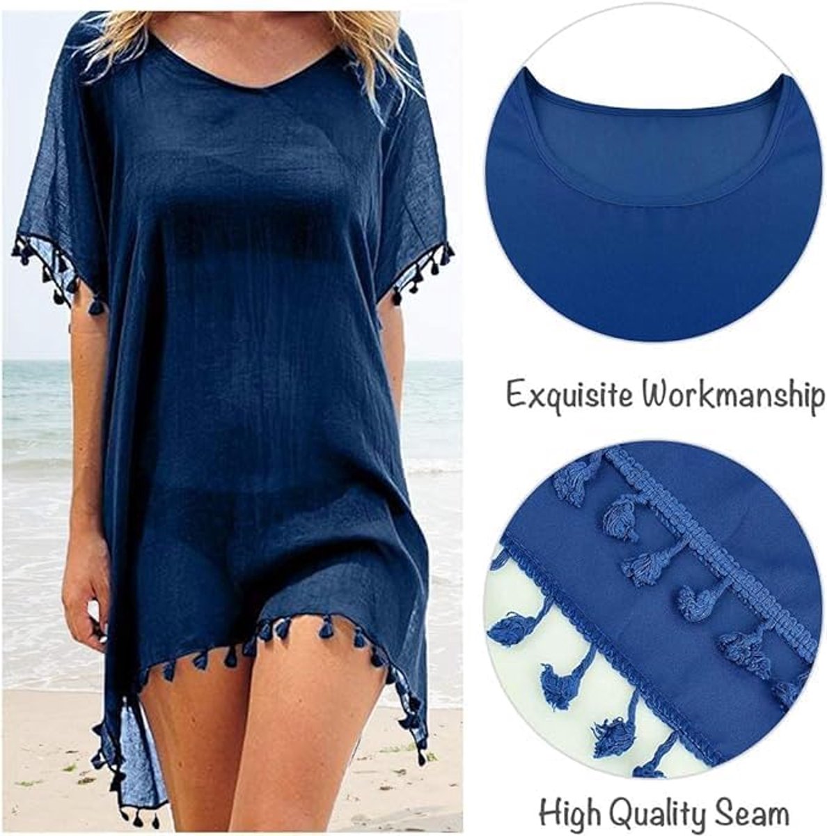 Karma Chiffon Strandkleding Vrouwen Strand Bikini Cover Up Kwastje Strand Jurk V-hals Badmode Zomer Casual Badpak marineblauw