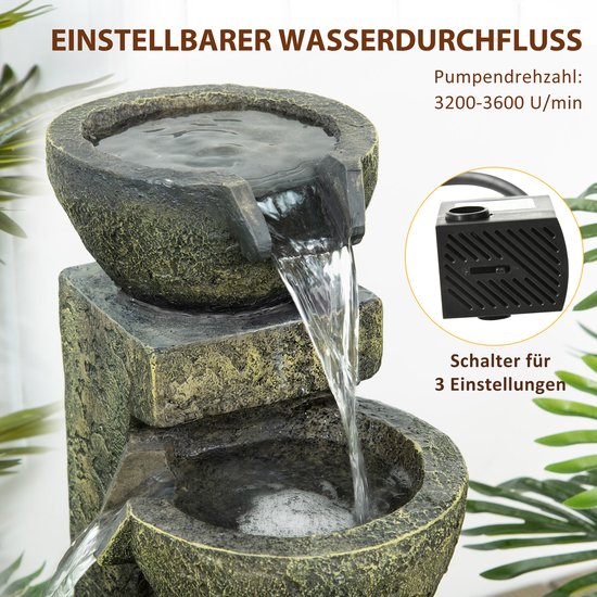 Outsunny Tuinfontein 5-traps – 80 Cm Hoog, LED-verlichting, Verstelbare Waterstroom, Steenlook Hars, Voor Binnen En Buiten