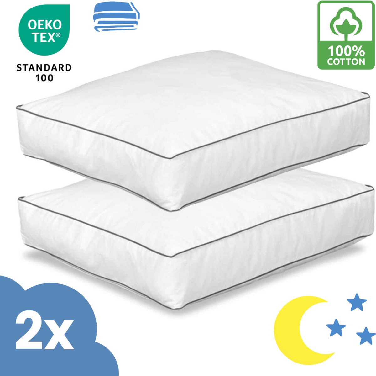 SweetSleeping Hoofdkussens - 2 Stuks - Luxe hotelkwaliteit Boxkussen - 50 x 60 x 10cm - Wit - Anti allergie - Anatomische correcte ligging - Juiste neksteun - Voor zij en rugslapers - Navulbaar - Met ritssluiting