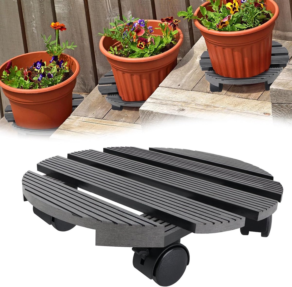 Aufun Rund Donkergrijs WPC Pflanzenroller, Rollbrett Pflanzen 100 kg Tragkraft, Blumenroller, Rollbretter mit 2 Feststellern für Pflanzen, Innen- und Außenbereich